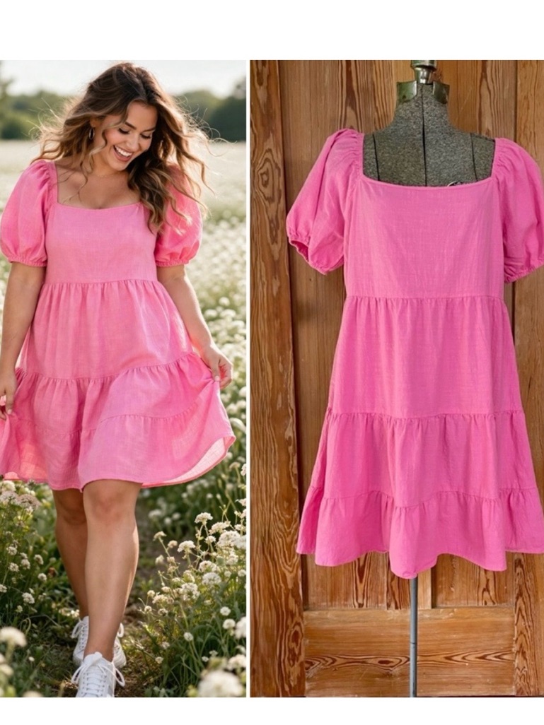 Luukse Bright Pink Tiered Babydoll Dress Puff Sleeve Cottagecore Xl